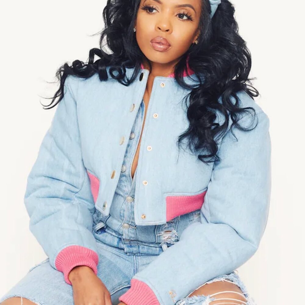 Broken Land Denim Puffer Coat Medium (Light Blue and Pink)